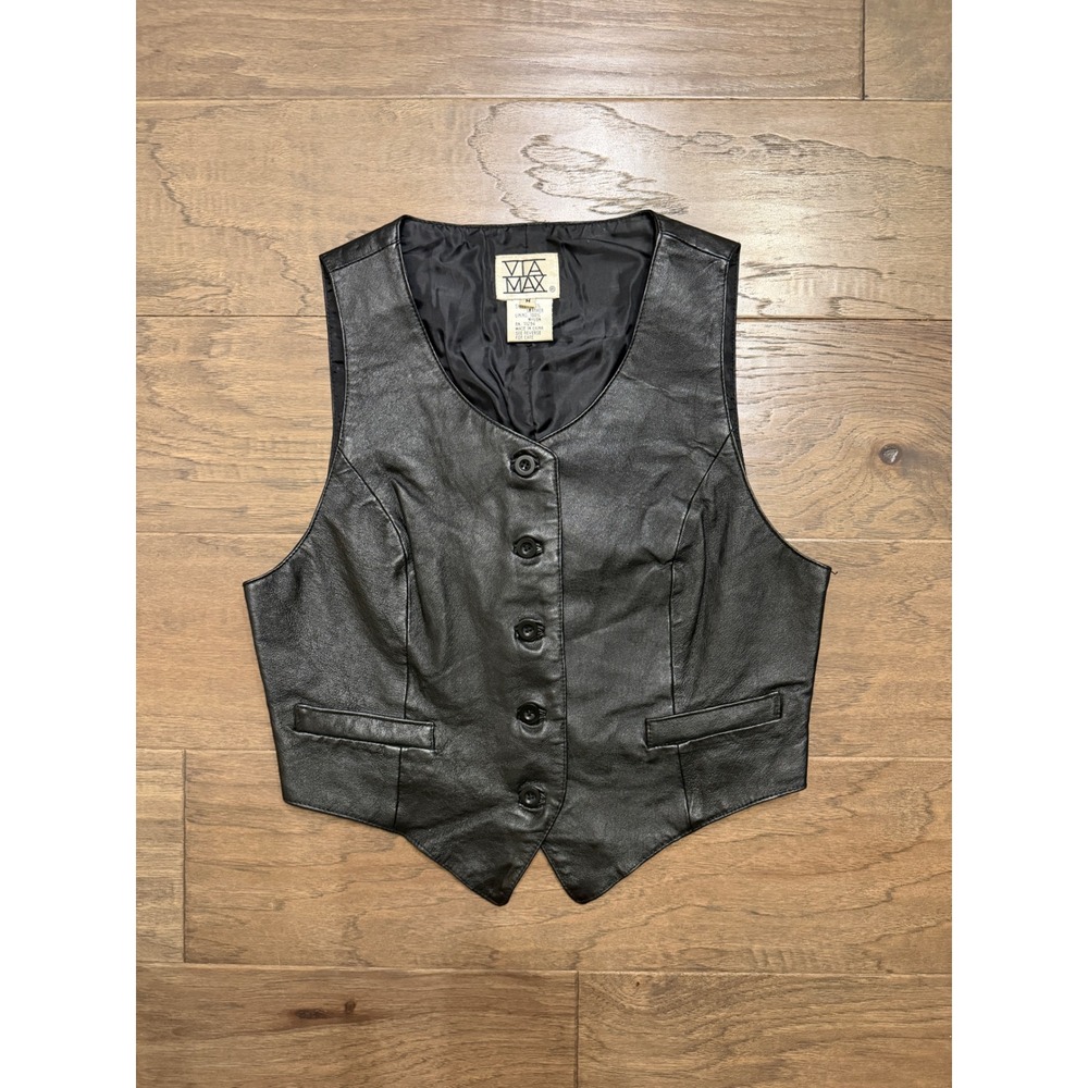 Vintage Via Max Leather Vest Women Medium Black 100% Leather Solid Biker Western